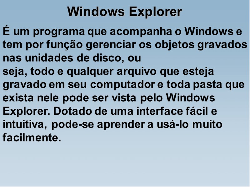Windows Explorer É um programa que acompanha o Windows e tem por função gerenciar